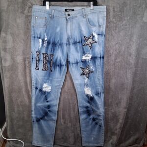 Amiri Tie Dye Art Patch Mens 38 Stretch Distressed Bandana Bleached‎ Denim